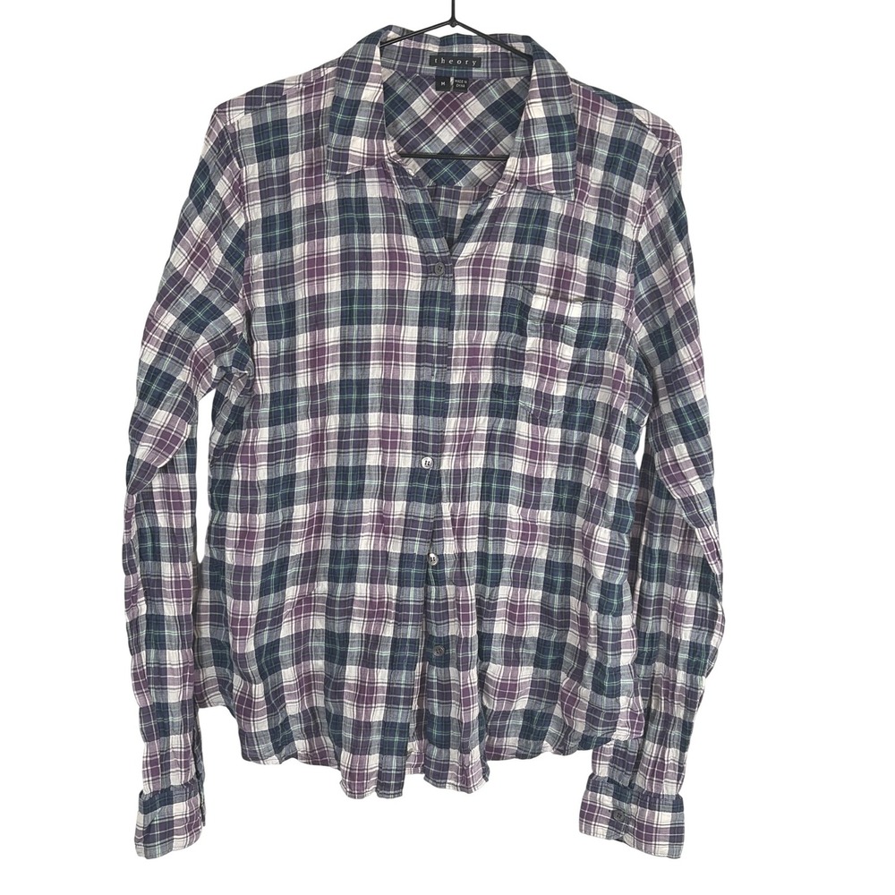 Theory Womens Kenola Stretch Lightweight Preppy Plaid Check Button Shirt Medium